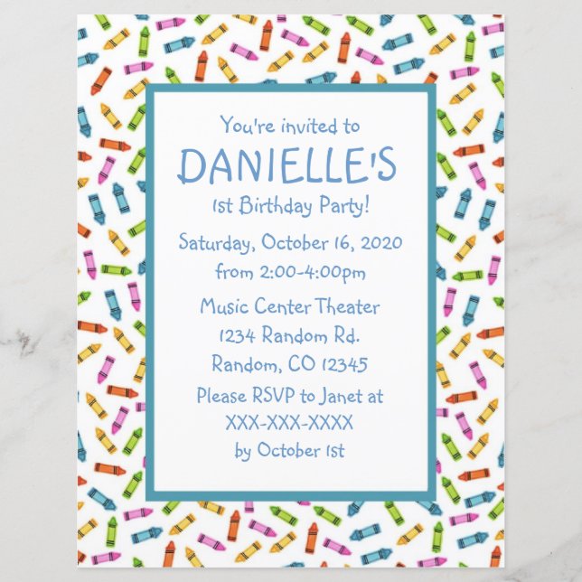 Colourful crayons theme birthday party invitations (Front)