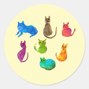 Colourful crazy cats in watercolor classic round sticker