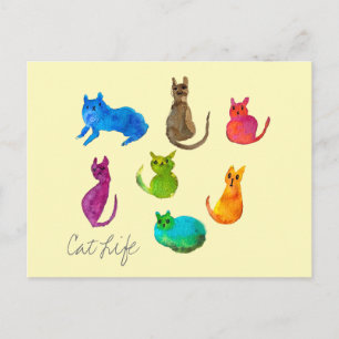 Colourful crazy cats in watercolor postcard