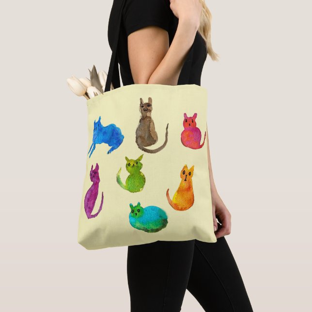 Colourful crazy cats in watercolor tote bag (Close Up)
