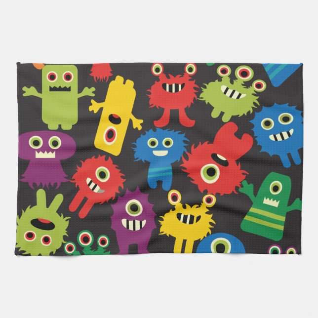 Colourful Crazy Fun Monsters Creatures Pattern Tea Towel (Horizontal)