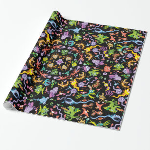 Colourful crazy monsters posing in a pattern wrapping paper