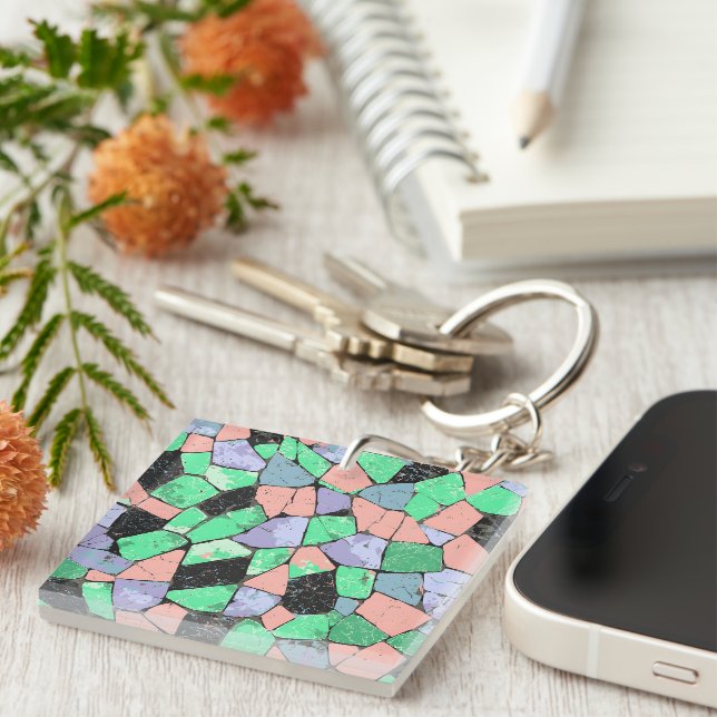 Colourful Crazy Paving Stone Pattern Key Ring (Front Right)