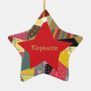 Colourful Crazy Quilt Patchwork Pattern Monogram Ceramic Tree Decoration