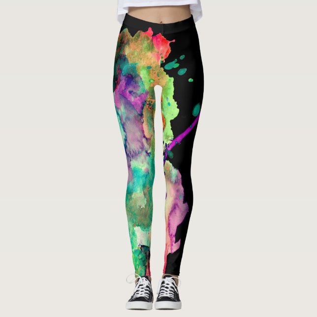 Colourful, Crazy, Trendy, Bold Abstract Watercolor Leggings (Front)