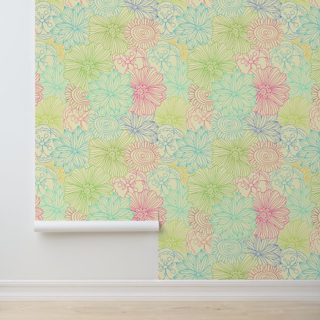Colourful Cream Doodle Floral Pattern Wallpaper (Application)