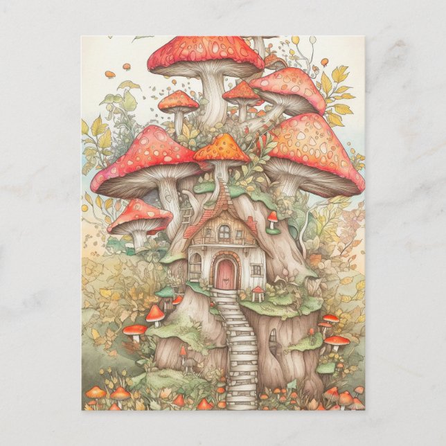 Colourful Creative Mushroom Village Illustration Postcard (Front)