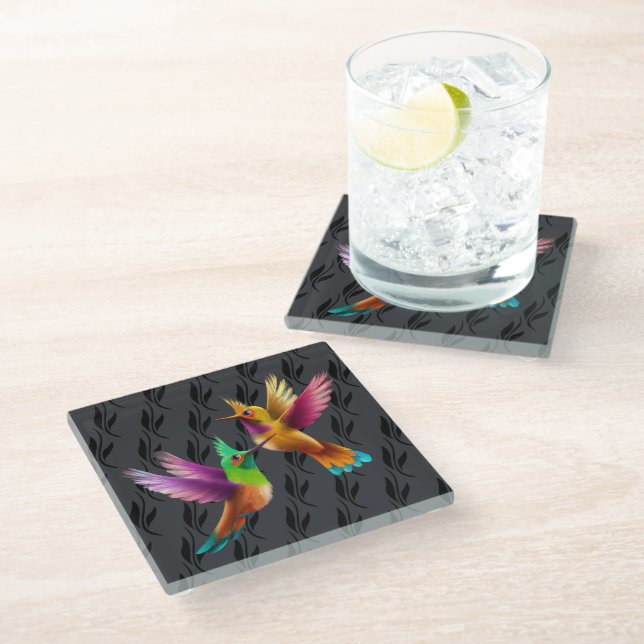 Colourful Crested Hummingbirds in Flight Glass Coaster (Angled)