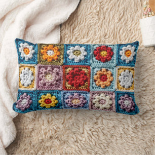 Colourful Crochet Granny Square Florals Lumbar Cushion