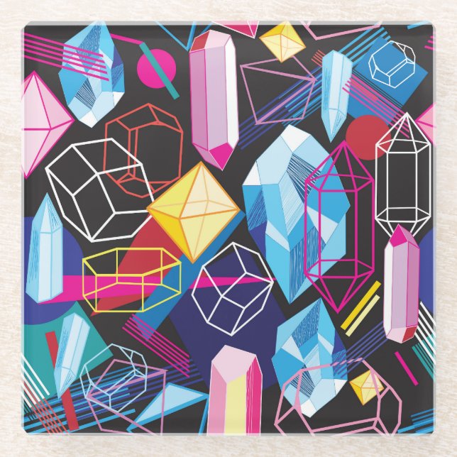 Colourful crystals, dark abstract background glass coaster (Front)