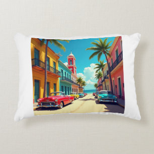 Colourful Cuban Street with Classic Cars  Decorative Cushion