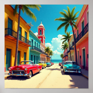 Colourful Cuban Street with Classic Cars  Poster