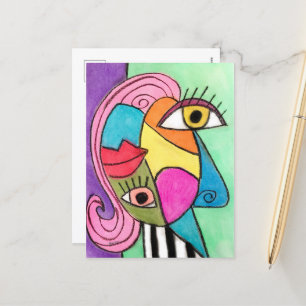 Colourful Cubism Abstract Face Fun Whimsical Art Postcard