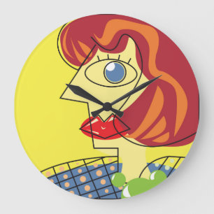 Colourful Cubism: Female Portrait Art. Large Clock