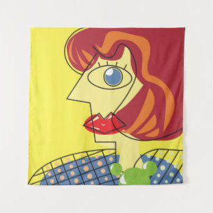 Colourful Cubism: Female Portrait Art. Tapestry