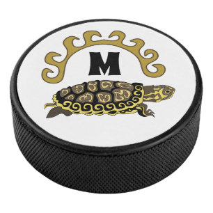 Colourful Cumberland Slider Turtle Monogram Hockey Puck