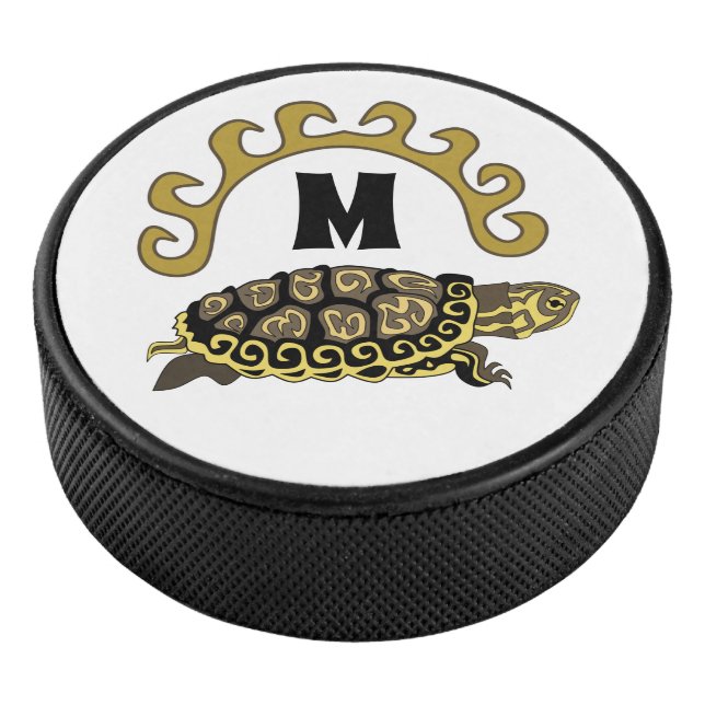 Colourful Cumberland Slider Turtle Monogram Hockey Puck (3/4)
