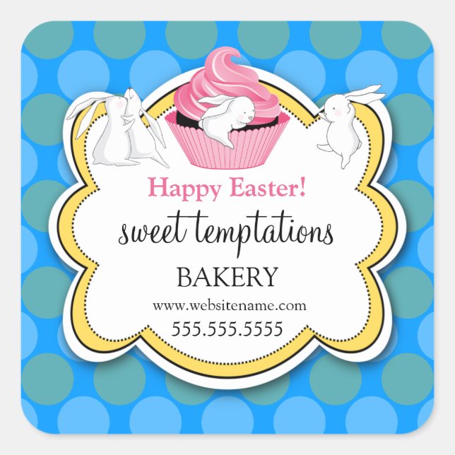 Colourful Cupcake Whimsical Bunnies Bakery Square Sticker (Front)