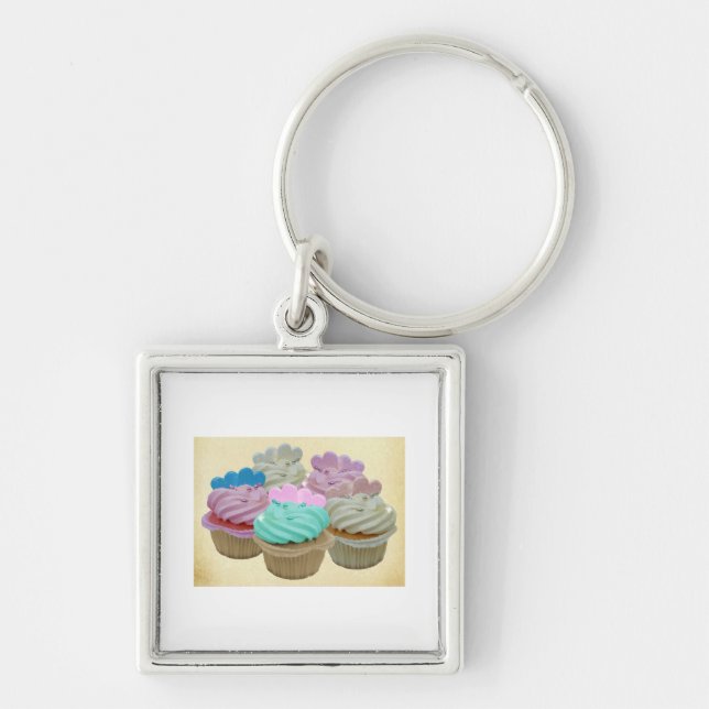 Colourful cupcakes and hearts key ring (Front)