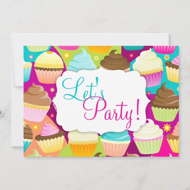 Colourful Cupcakes "Let's Party" Invitation (Front)