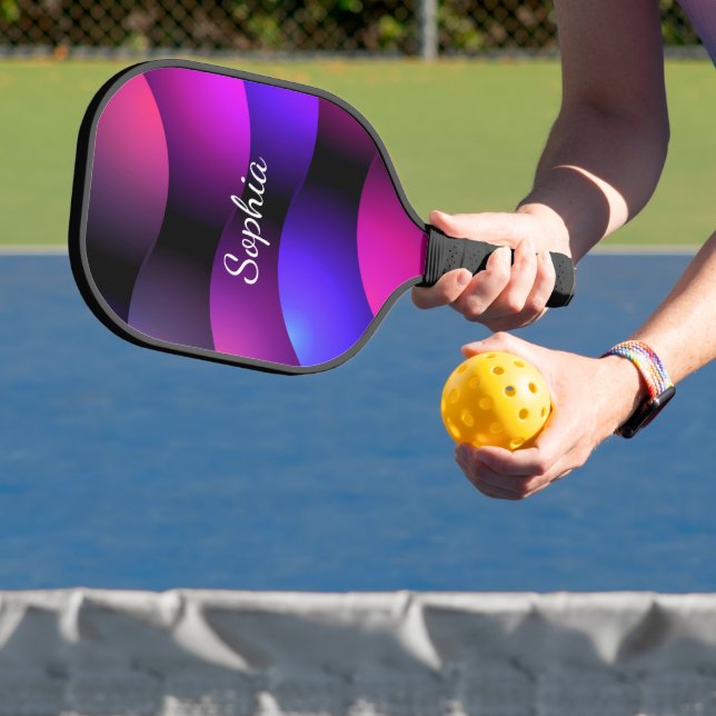 Colourful Curved Shapes, White Script Name Pickleball Paddle (Insitu)