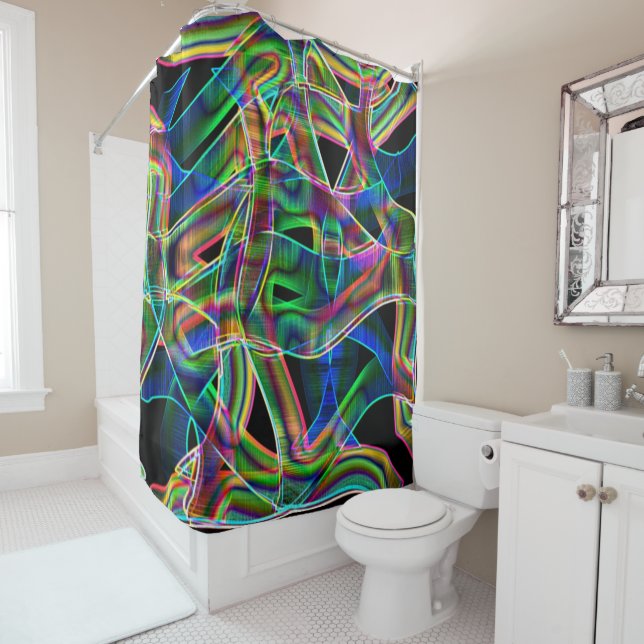 Colourful curved tapes, highlighted by relief shower curtain (In Situ)