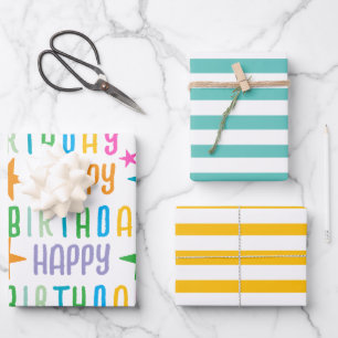 Colourful Custom and White Stripes Happy Birthday  Wrapping Paper Sheet