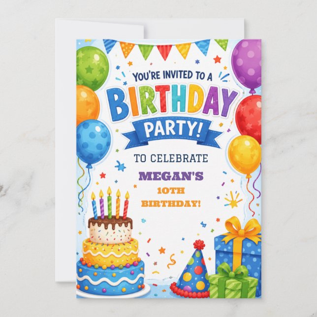Colourful Custom Cake and Balloons Birthday Invite (Front)