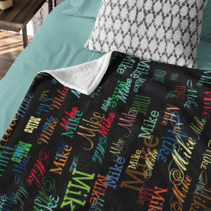 Colourful Custom Names on Black Fleece Blanket