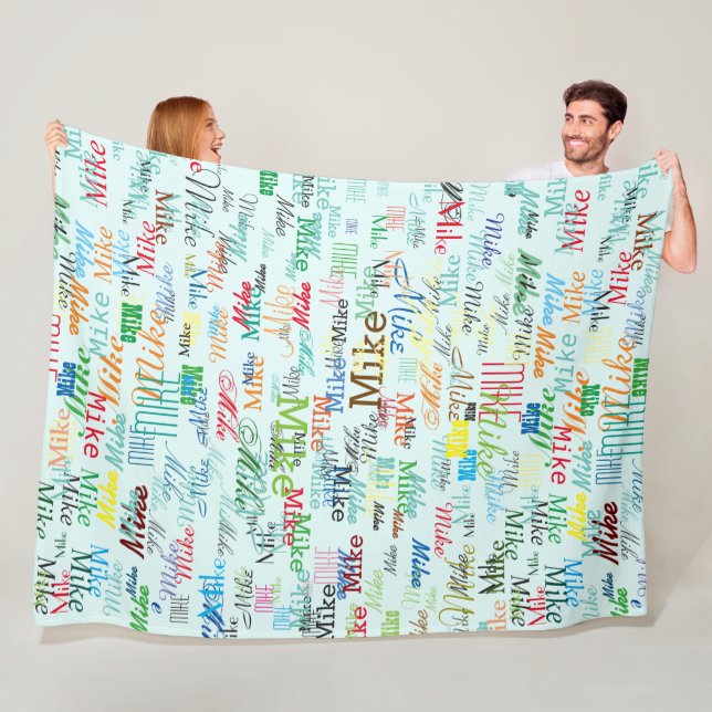 Colourful Custom Names on Pale Blue Fleece Blanket (In Situ)