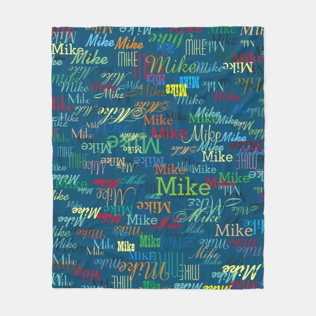 Colourful Custom Names Pattern on Blue Fleece Blanket (Front)