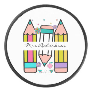 Colourful custom pencil teacher hockey puck
