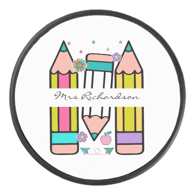 Colourful custom pencil teacher  hockey puck (Front)