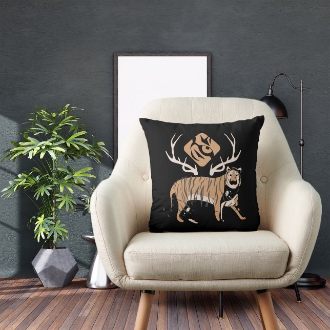 Colourful Cute Animal Tiger On Black Modern Cushion (Creator Uploaded)