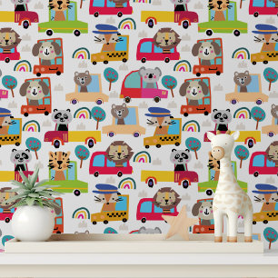 Colourful Cute Animals Cars Vehicles Kids Pattern Wallpaper
