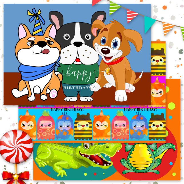 Colourful Cute Animals Child Birthday Wrapping Paper Sheet (Wrapping paper sheets featuring a variety of colorful animal designs for a child's birthday.)
