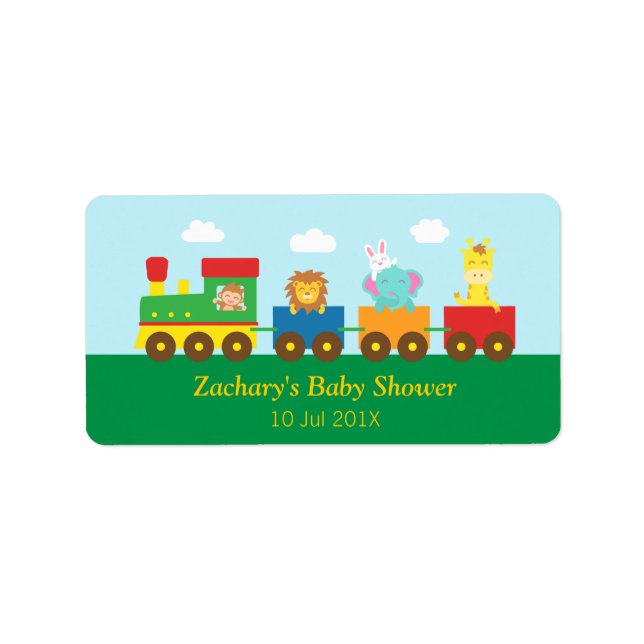 Colourful Cute Animals Train Baby Shower Party Label (Front)