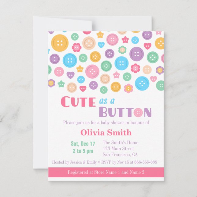 Colourful Cute as a Button Baby Shower Invitations (Front)