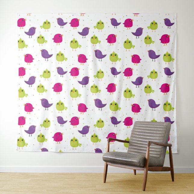 Colourful Cute Birds Pattern Tapestry (In Situ (Horizontal))
