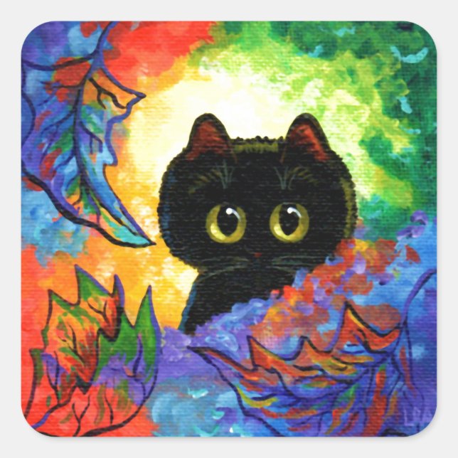 Colourful Cute Black Cat Fall Leaves Creationarts Square Sticker (Front)