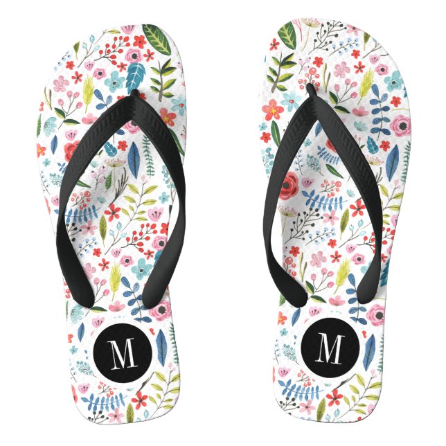 Colourful Cute Botanical Leafs & Flowers Pattern Jandals (Footbed)