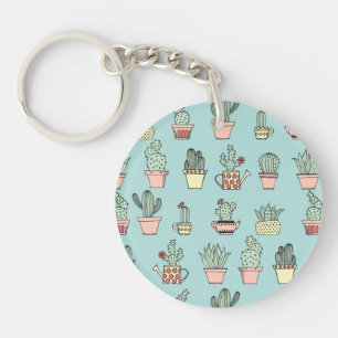 Colourful Cute Cactus In Hand Drawn Style Pattern Key Ring