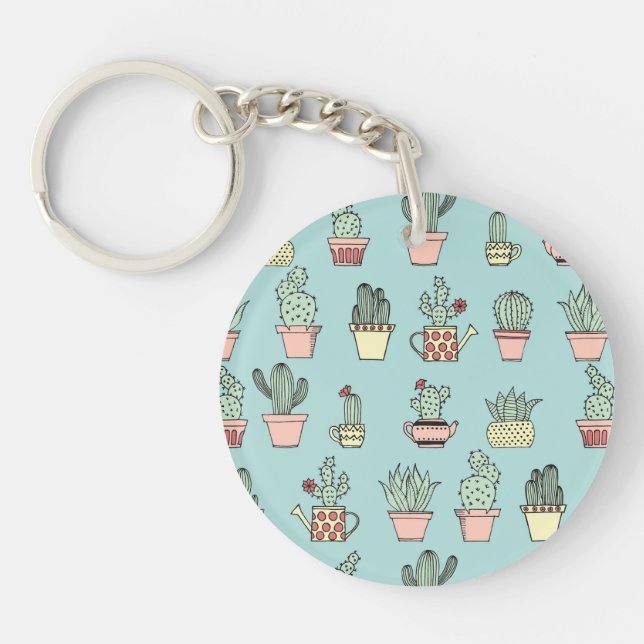 Colourful Cute Cactus In Hand Drawn Style Pattern Key Ring (Front)