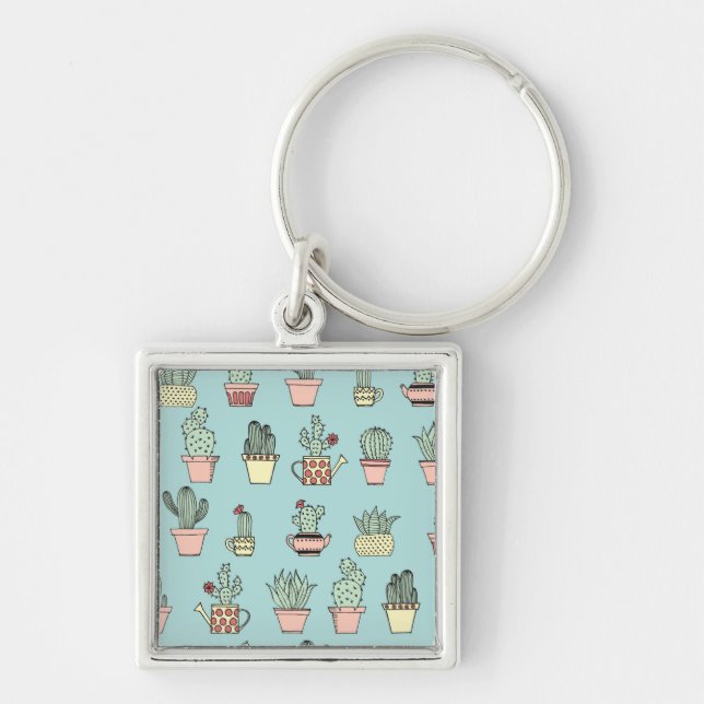 Colourful Cute Cactus In Hand Drawn Style Pattern Key Ring (Front)
