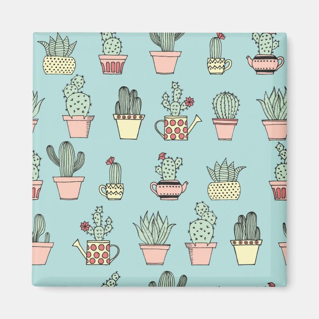 Colourful Cute Cactus In Hand Drawn Style Pattern Magnet (Front)