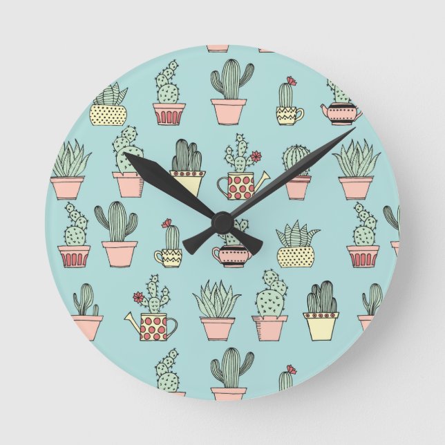 Colourful Cute Cactus In Hand Drawn Style Pattern Round Clock (Front)