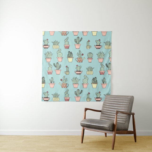 Colourful Cute Cactus In Hand Drawn Style Pattern Tapestry (In Situ (Horizontal))