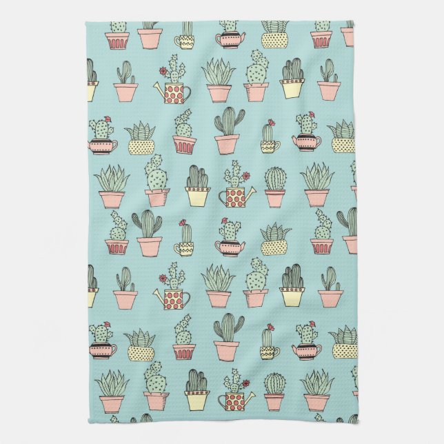 Colourful Cute Cactus In Hand Drawn Style Pattern Tea Towel (Vertical)