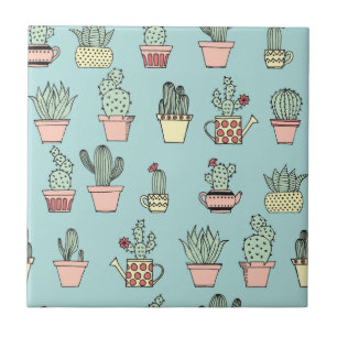 Colourful Cute Cactus In Hand Drawn Style Pattern Tile