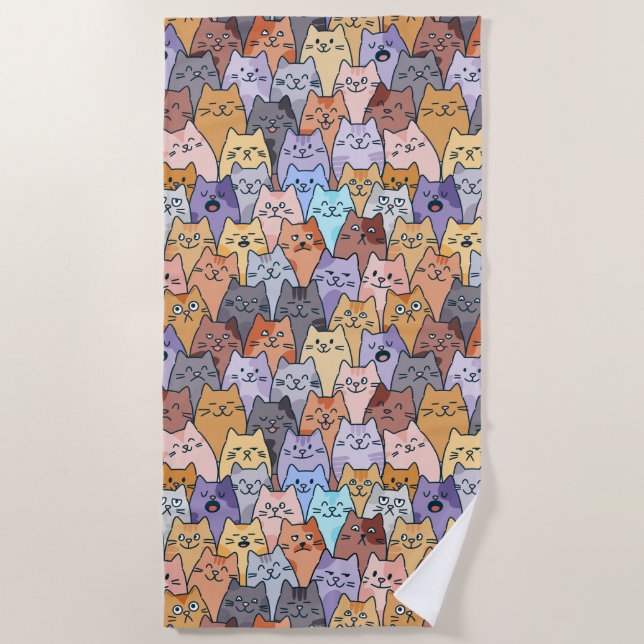 Colourful Cute Cat Crowd Pattern Whimsical Cat Fac Beach Towel (Front)